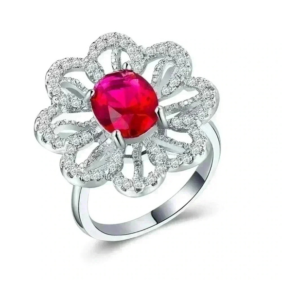 New 14k Gold Over Sterling Silver Ruby Diamond Flower Ring - Picture 2 of 4